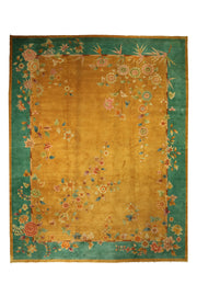 Antique Chinese decorative rug by Nichols, 177x138 inches, featuring intricate green and gold patterns.